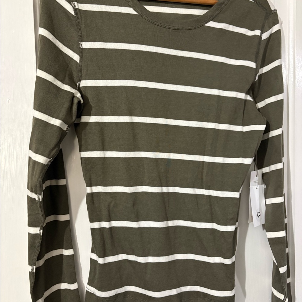 Three Dots Olive and White Striped Long Sleeve Tee